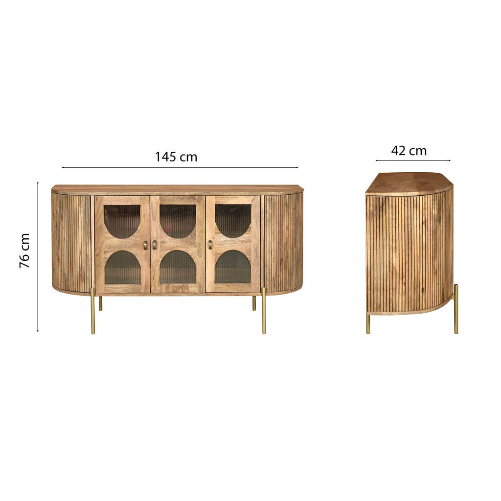 Modern Mango Wood and Ribbed Glass 3 Door Sideboard with Gold Legs - Home Furniture Interiors