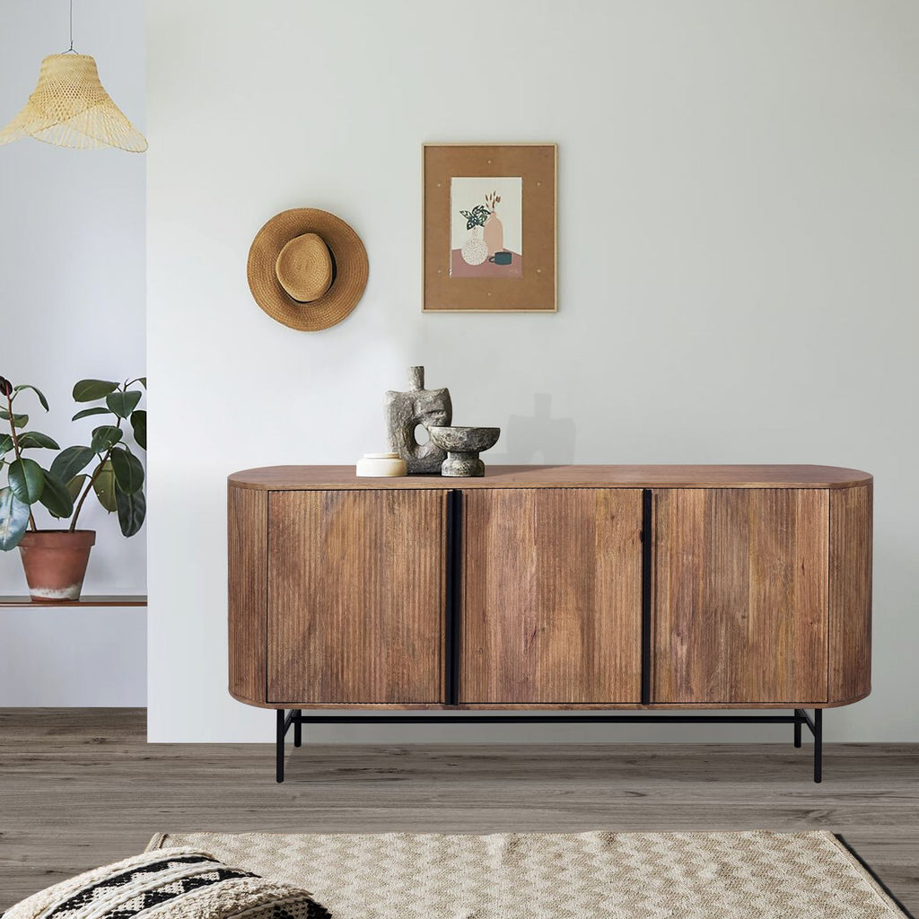 Modern Mango Wood Oval 3 Door Sideboard with Black Iron Frame