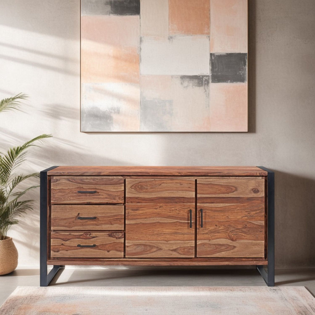 Modern Sheesham Wood 2 Door 3 Drawer Sideboard with Black Iron Frame
