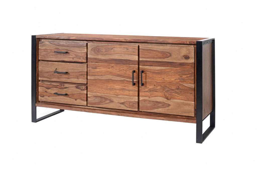 Modern Sheesham Wood 2 Door 3 Drawer Sideboard with Black Iron Frame - Home Furniture Interiors