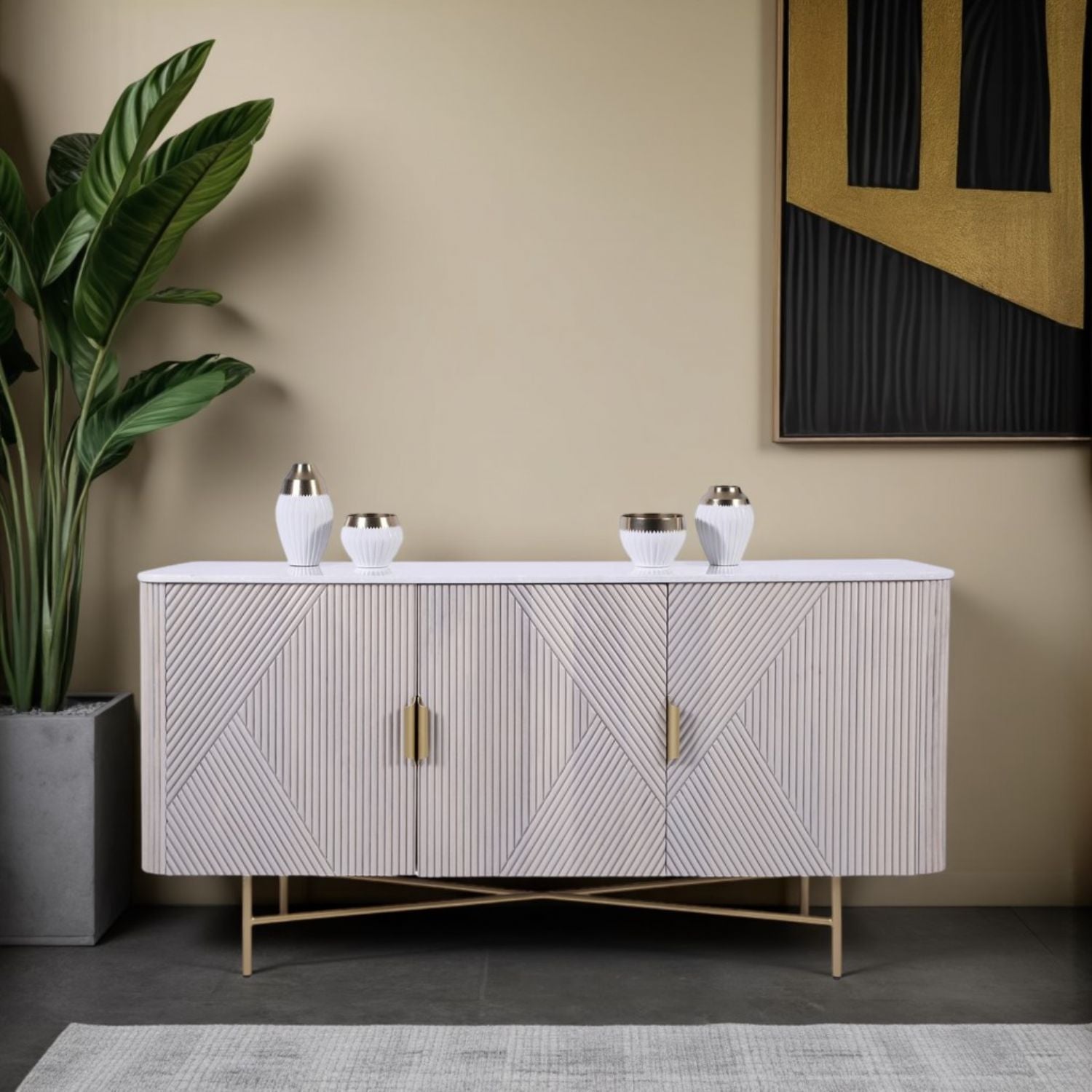 Modern White Fluted Mango Wood 3 Door Sideboard with Marble Top