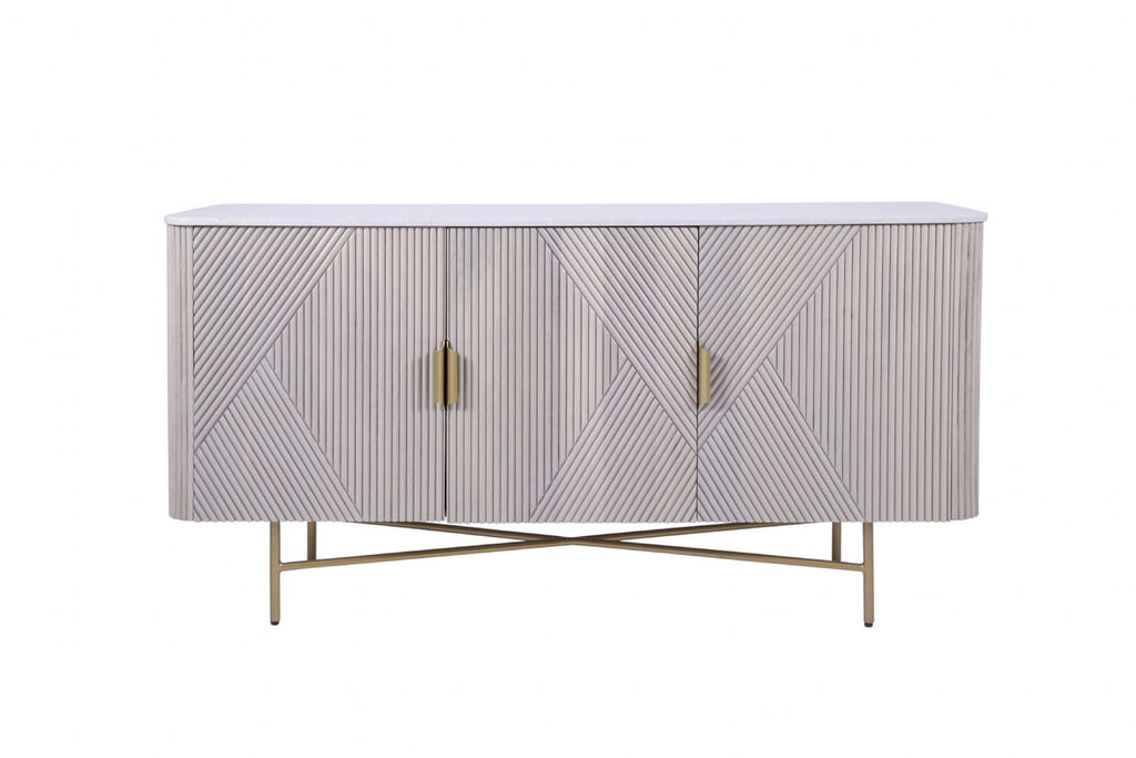 Modern White Fluted Mango Wood 3 Door Sideboard with Marble Top - Home Furniture Interiors