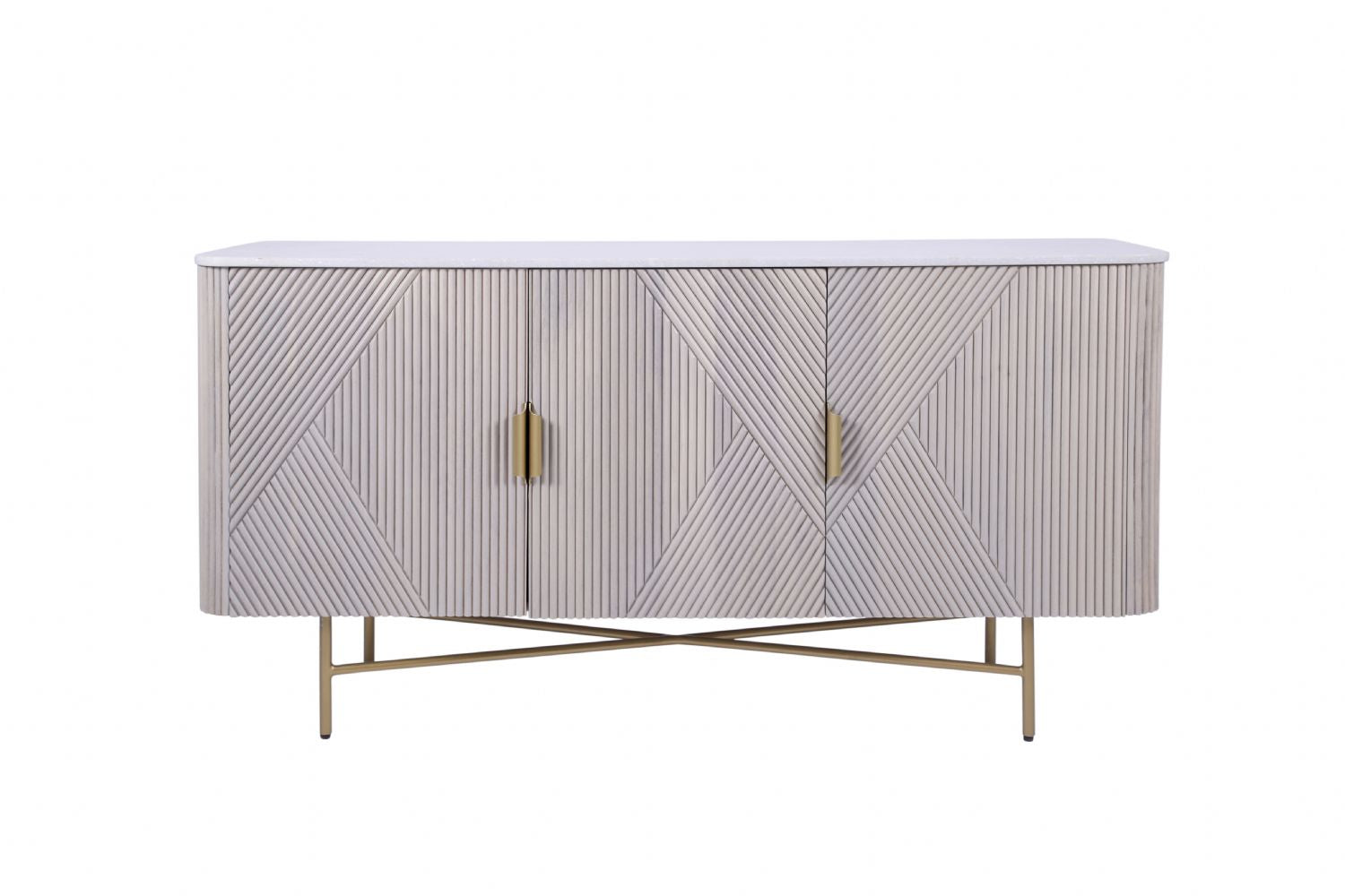 Modern White Fluted Mango Wood 3 Door Sideboard with Marble Top - Home Furniture Interiors