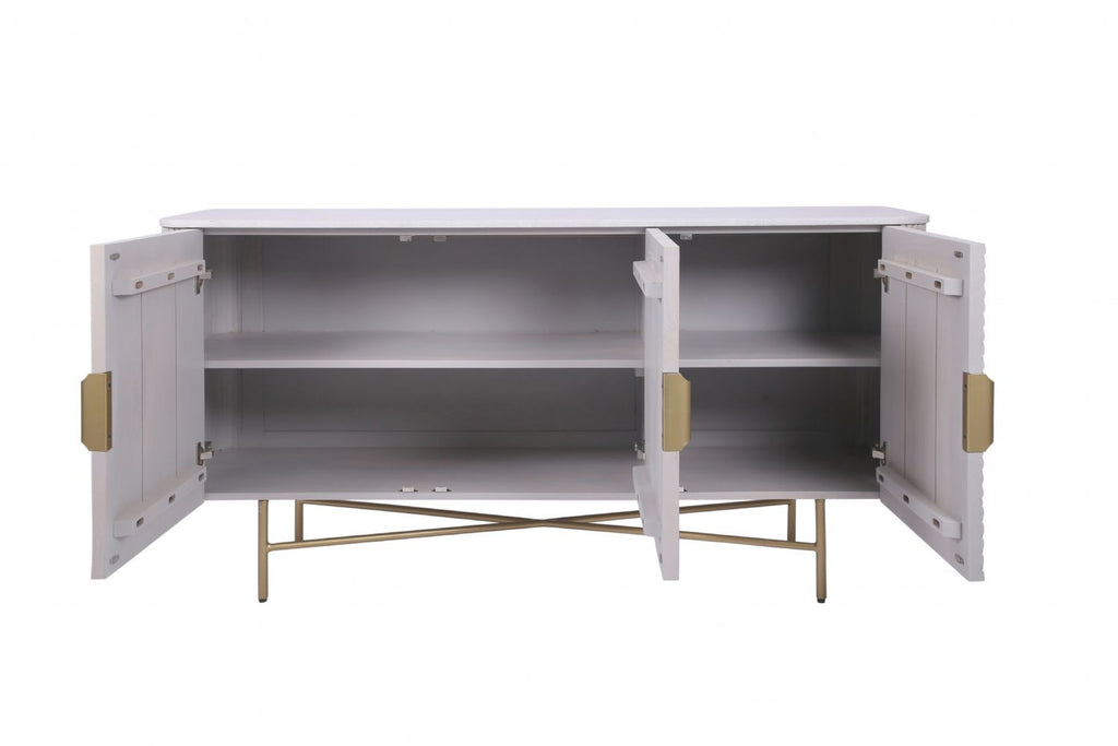 Modern White Fluted Mango Wood 3 Door Sideboard with Marble Top - Home Furniture Interiors