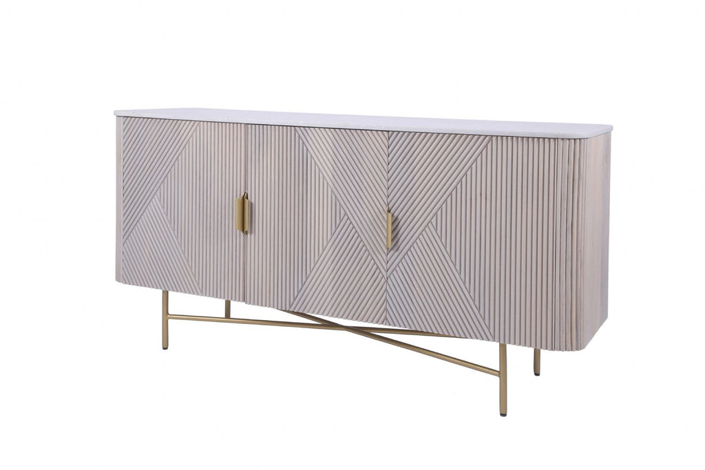 Modern White Fluted Mango Wood 3 Door Sideboard with Marble Top - Home Furniture Interiors