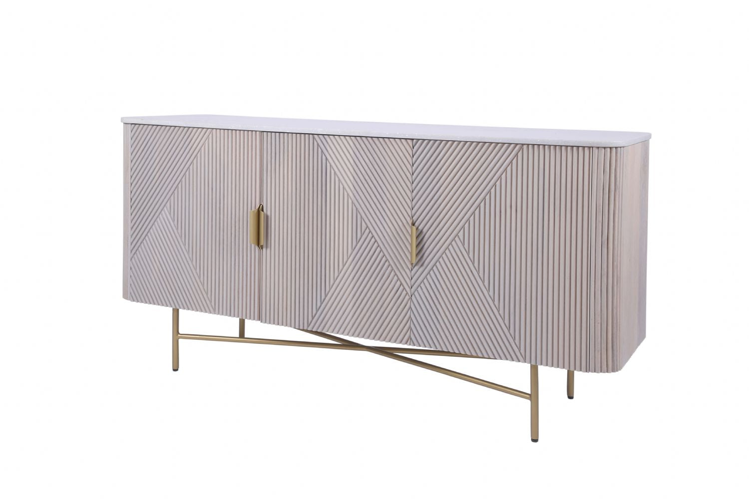 Modern White Fluted Mango Wood 3 Door Sideboard with Marble Top - Home Furniture Interiors