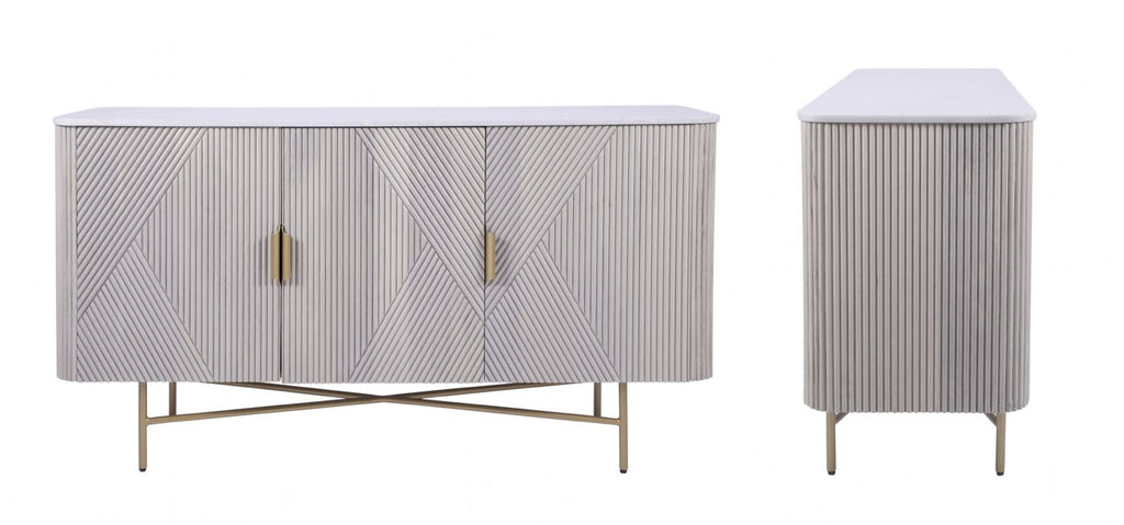 Modern White Fluted Mango Wood 3 Door Sideboard with Marble Top - Home Furniture Interiors