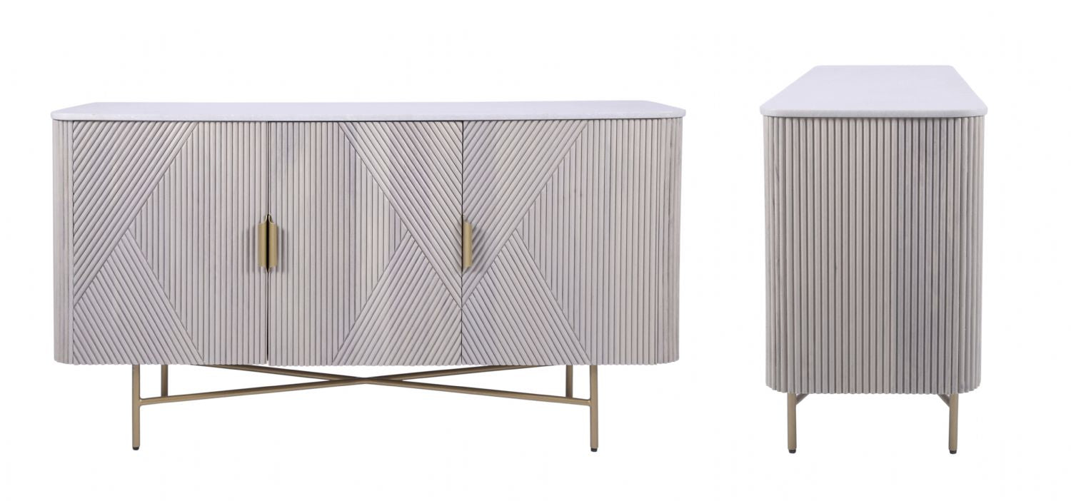 Modern White Fluted Mango Wood 3 Door Sideboard with Marble Top - Home Furniture Interiors