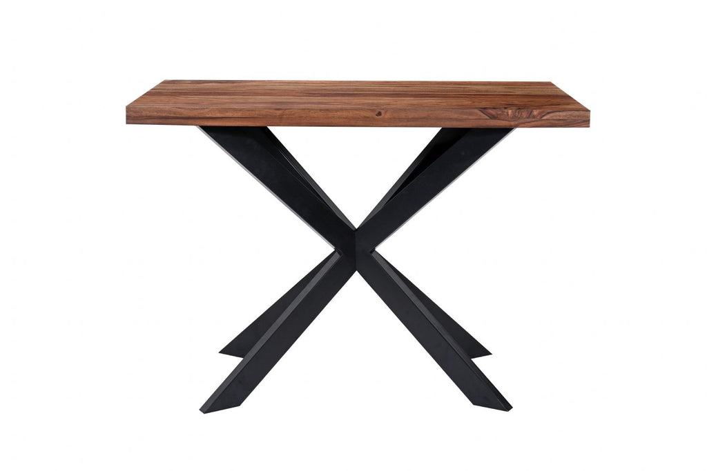 Industrial Sheesham Wood Rectangular Bar Table with Black Crossed Legs - Home Furniture Interiors