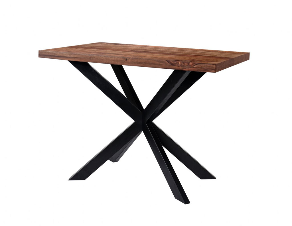 Industrial Sheesham Wood Rectangular Bar Table with Black Crossed Legs - Home Furniture Interiors