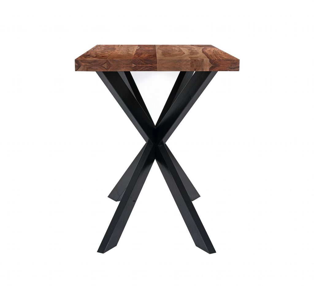 Industrial Sheesham Wood Rectangular Bar Table with Black Crossed Legs - Home Furniture Interiors