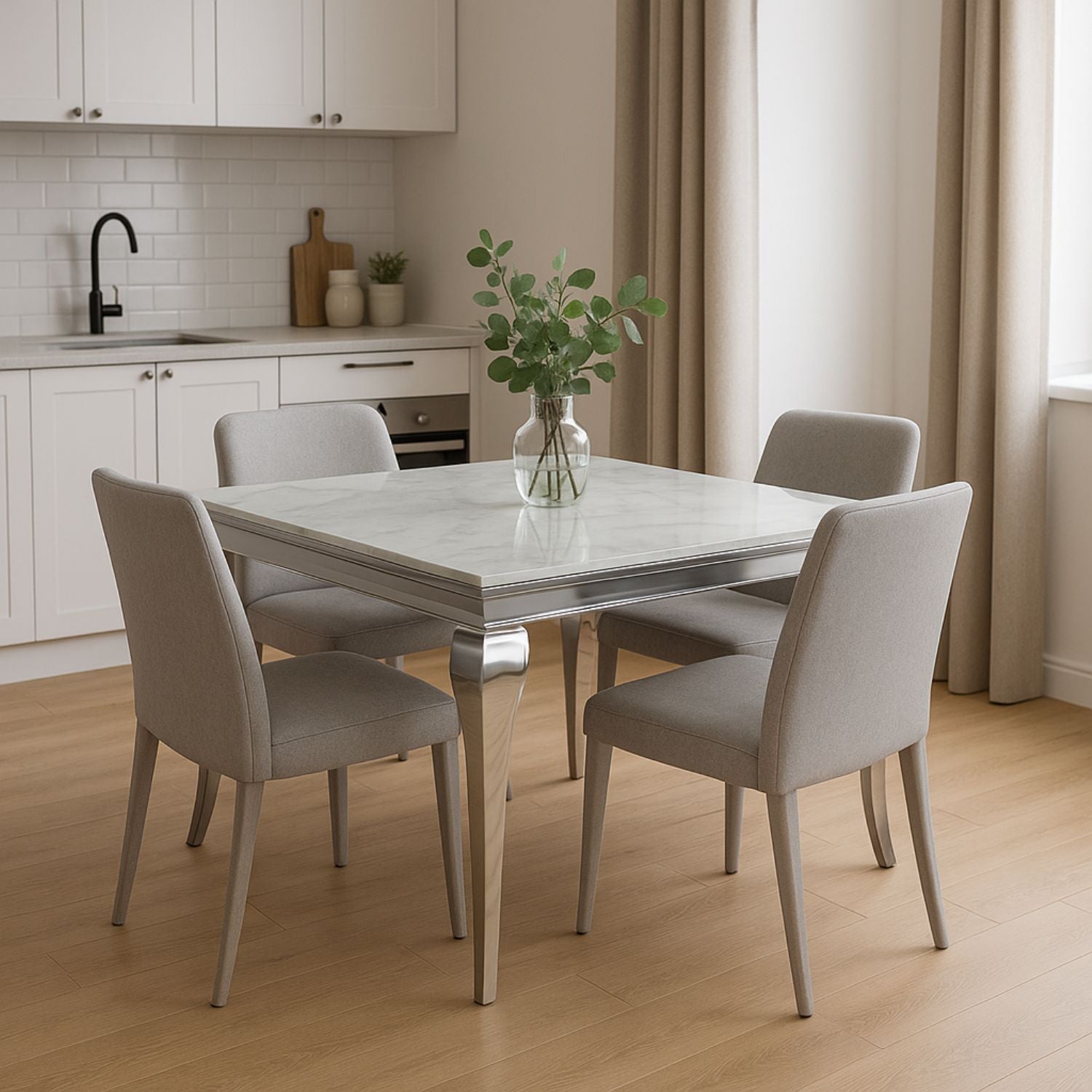 Grey Marble Top 1m Square Dining Table with Chrome Italian Style Legs