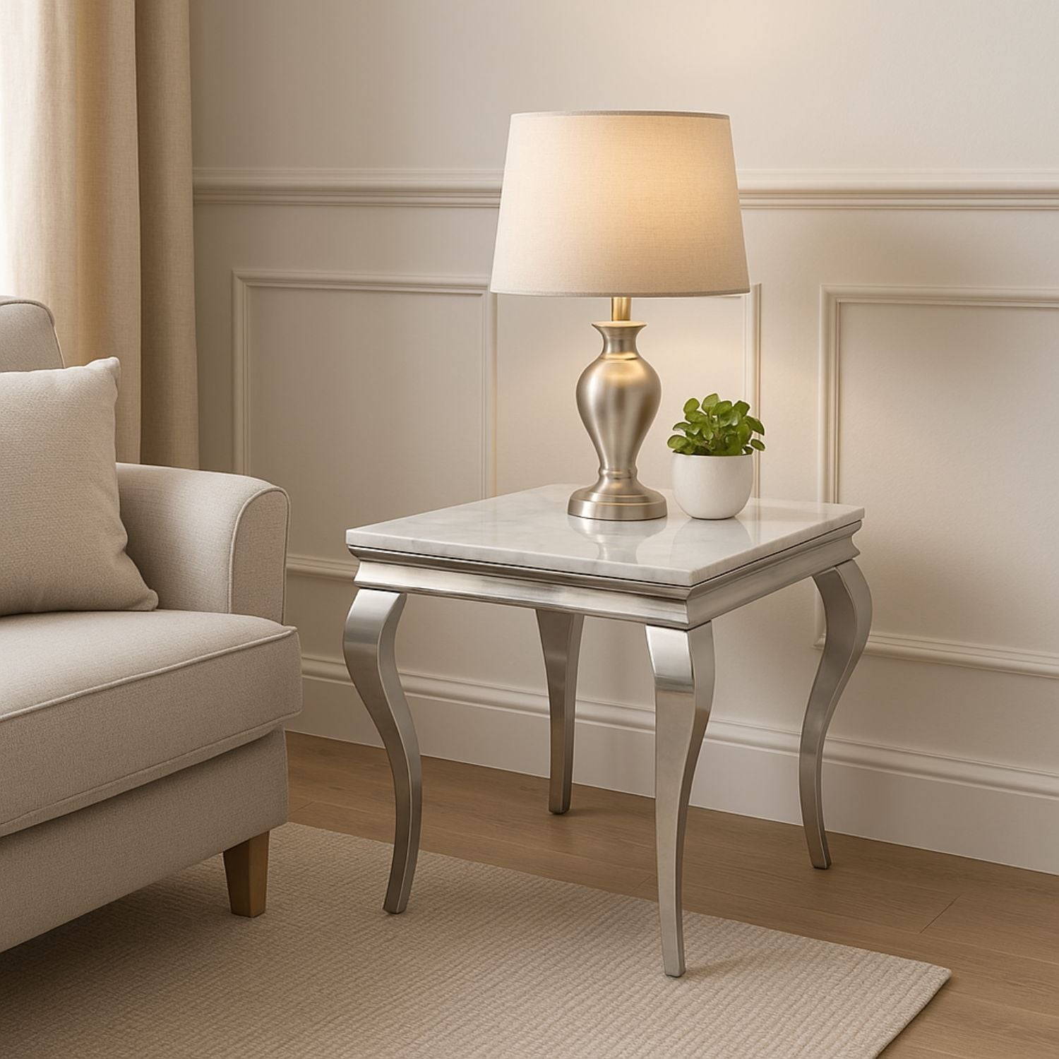 White Marble Effect Lamp Table with Chrome Curved Legs