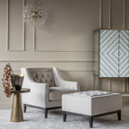 Cream and Ivory Fabric Buttoned Lounge Armchair with Brown Wooden Frame