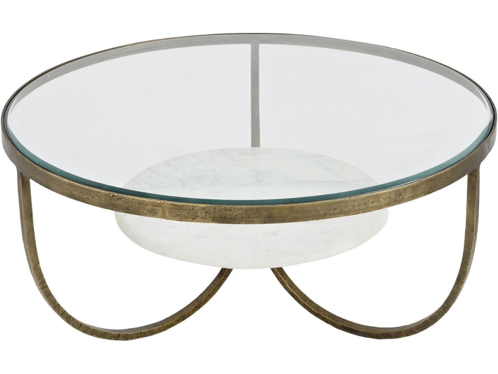 Antique Gold Metal Glass Top Round Coffee Table with White Marble Base