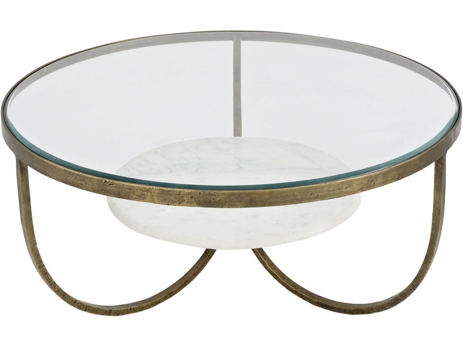 Antique Gold Metal Glass Top Round Coffee Table with White Marble Base