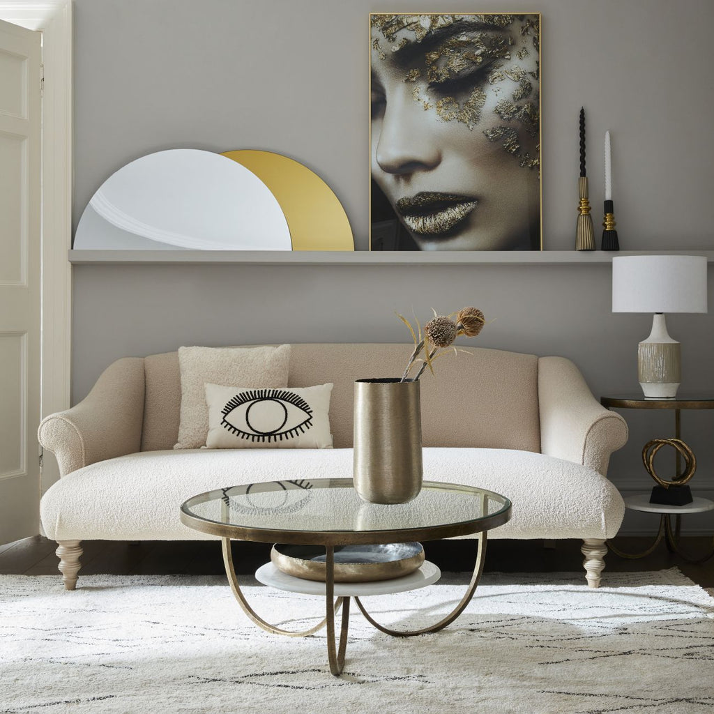 Antique Gold Metal Glass Top Round Coffee Table with White Marble Base - Home Furniture Interiors
