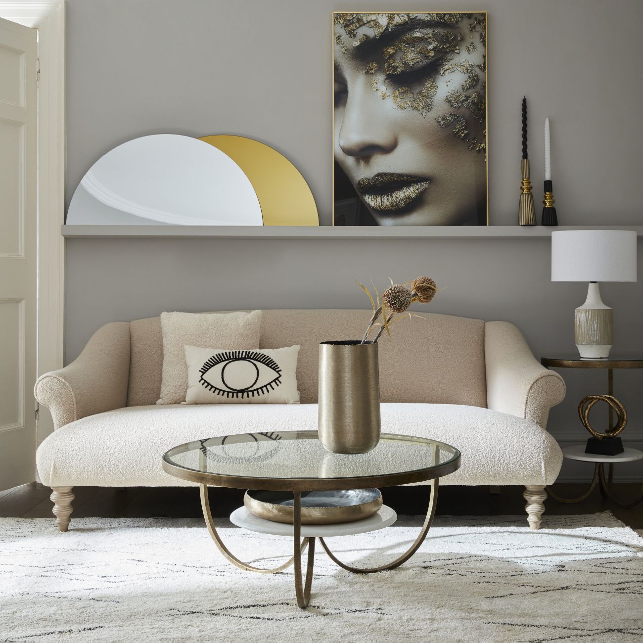 Antique Gold Metal Glass Top Round Coffee Table with White Marble Base - Home Furniture Interiors