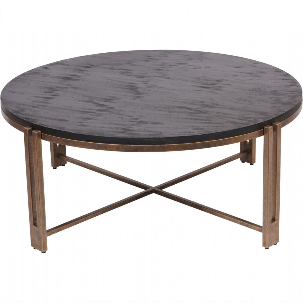 Black Sandblasted Wood Champagne Gold Metal Framed 100cm Round Coffee Table