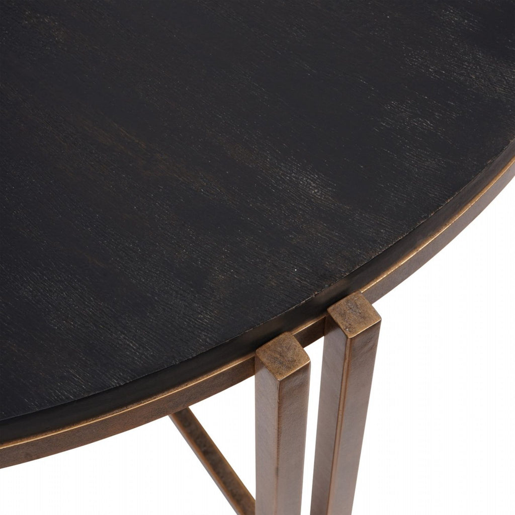 Black Sandblasted Wood Champagne Gold Metal Framed 100cm Round Coffee Table - Home Furniture Interiors