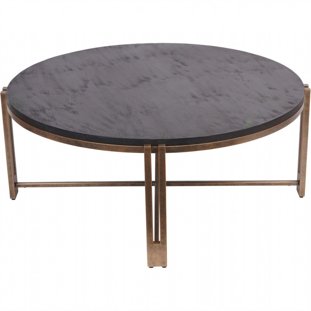 Black Sandblasted Wood Champagne Gold Metal Framed 100cm Round Coffee Table - Home Furniture Interiors