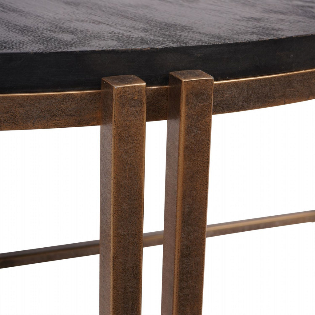Black Sandblasted Wood Champagne Gold Metal Framed 100cm Round Coffee Table - Home Furniture Interiors