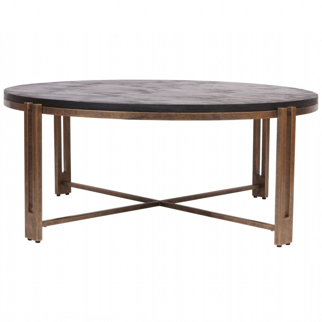 Black Sandblasted Wood Champagne Gold Metal Framed 100cm Round Coffee Table - Home Furniture Interiors