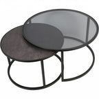 Set of 2 Black Round Large Nesting Coffee Tables with Glass Tops - Home Furniture Interiors