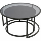 Set of 2 Black Round Large Nesting Coffee Tables with Glass Tops - Home Furniture Interiors