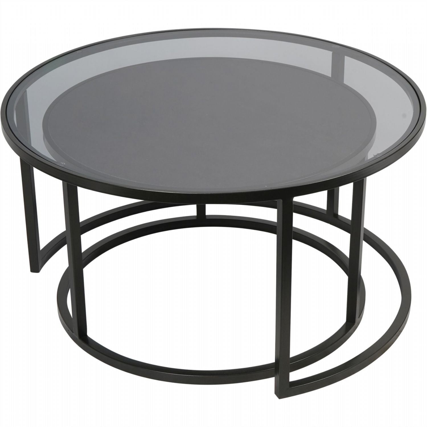 Set of 2 Black Round Large Nesting Coffee Tables with Glass Tops - Home Furniture Interiors