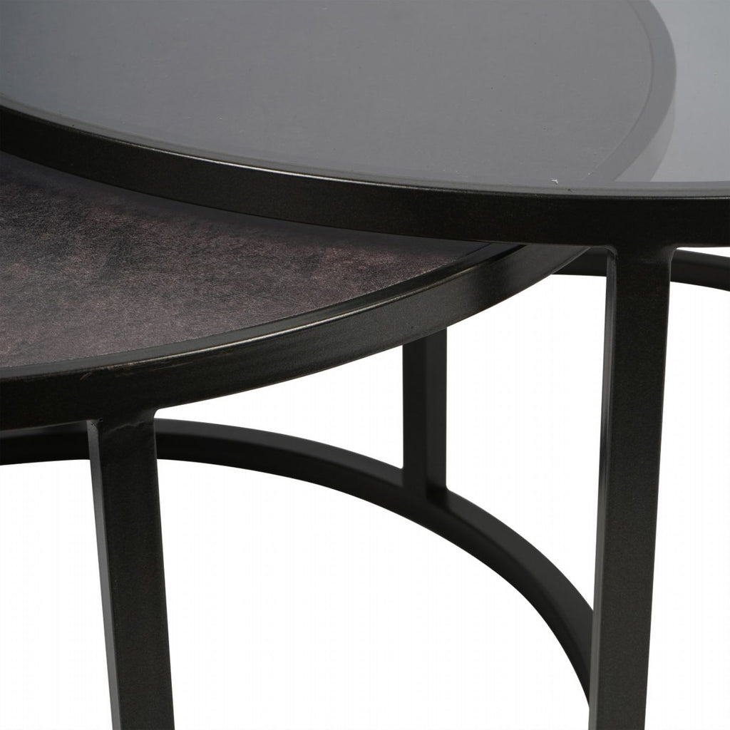 Set of 2 Black Round Large Nesting Coffee Tables with Glass Tops - Home Furniture Interiors