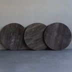Small Round Dark Travertine Marble Coffee Table with Charcoal Black Cone Base - Home Furniture Interiors