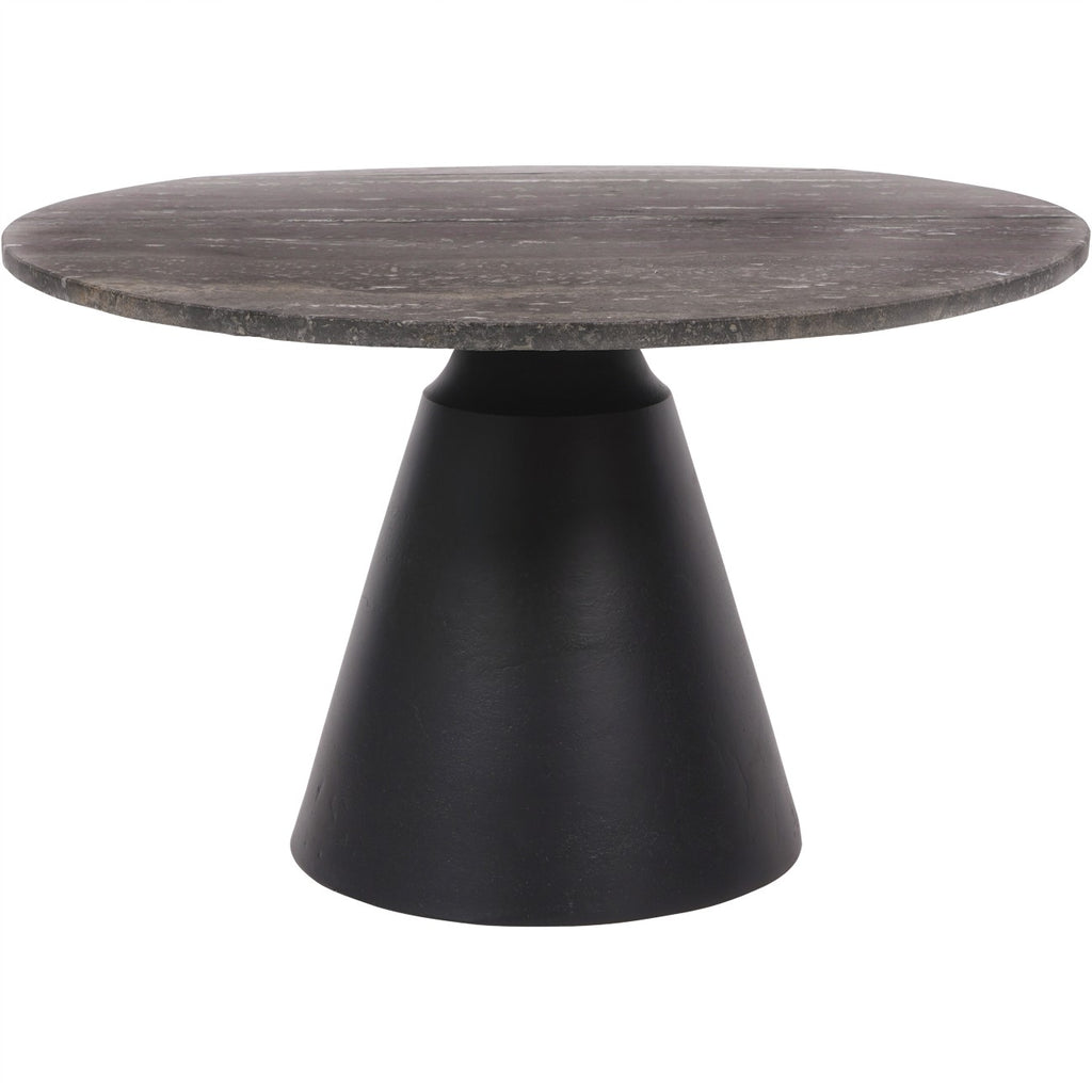 Small Round Dark Travertine Marble Coffee Table with Charcoal Black Cone Base