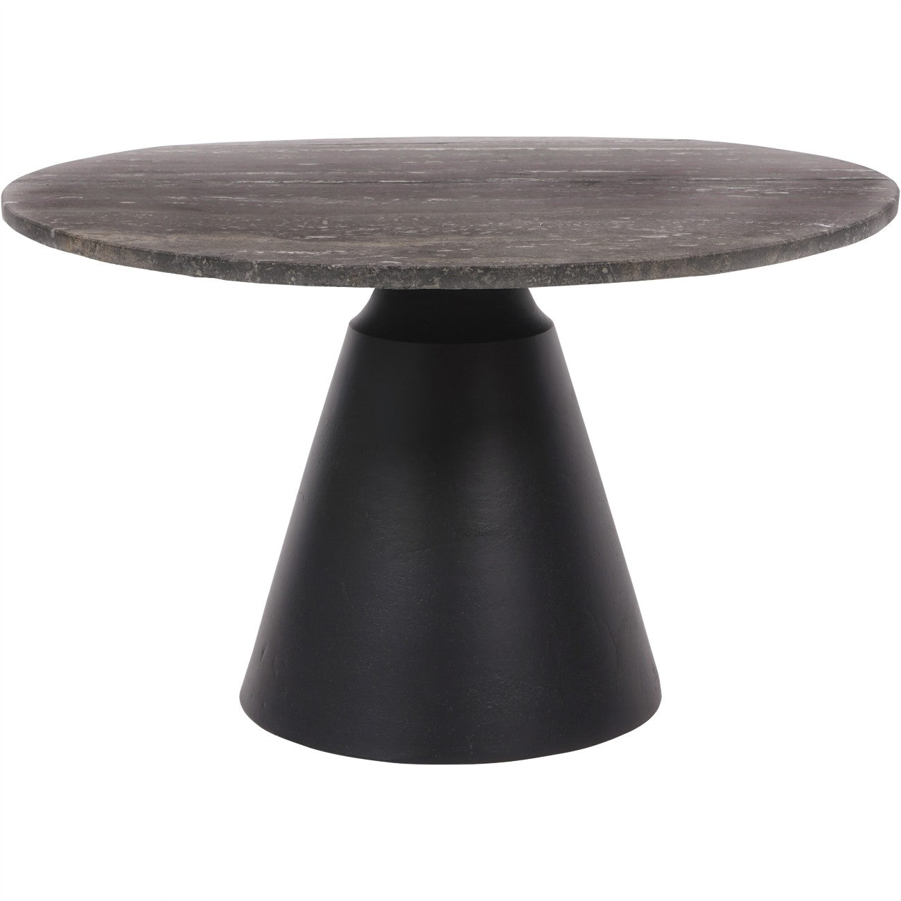 Small Round Dark Travertine Marble Coffee Table with Charcoal Black Cone Base