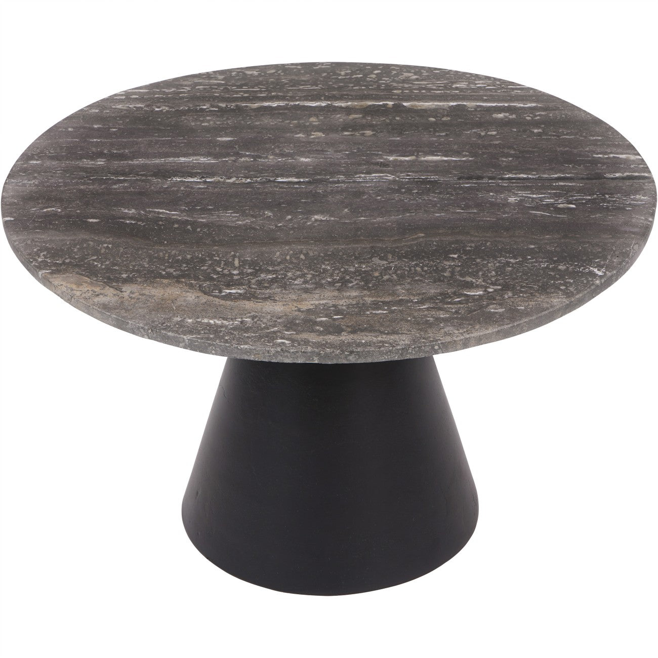 Small Round Dark Travertine Marble Coffee Table with Charcoal Black Cone Base - Home Furniture Interiors
