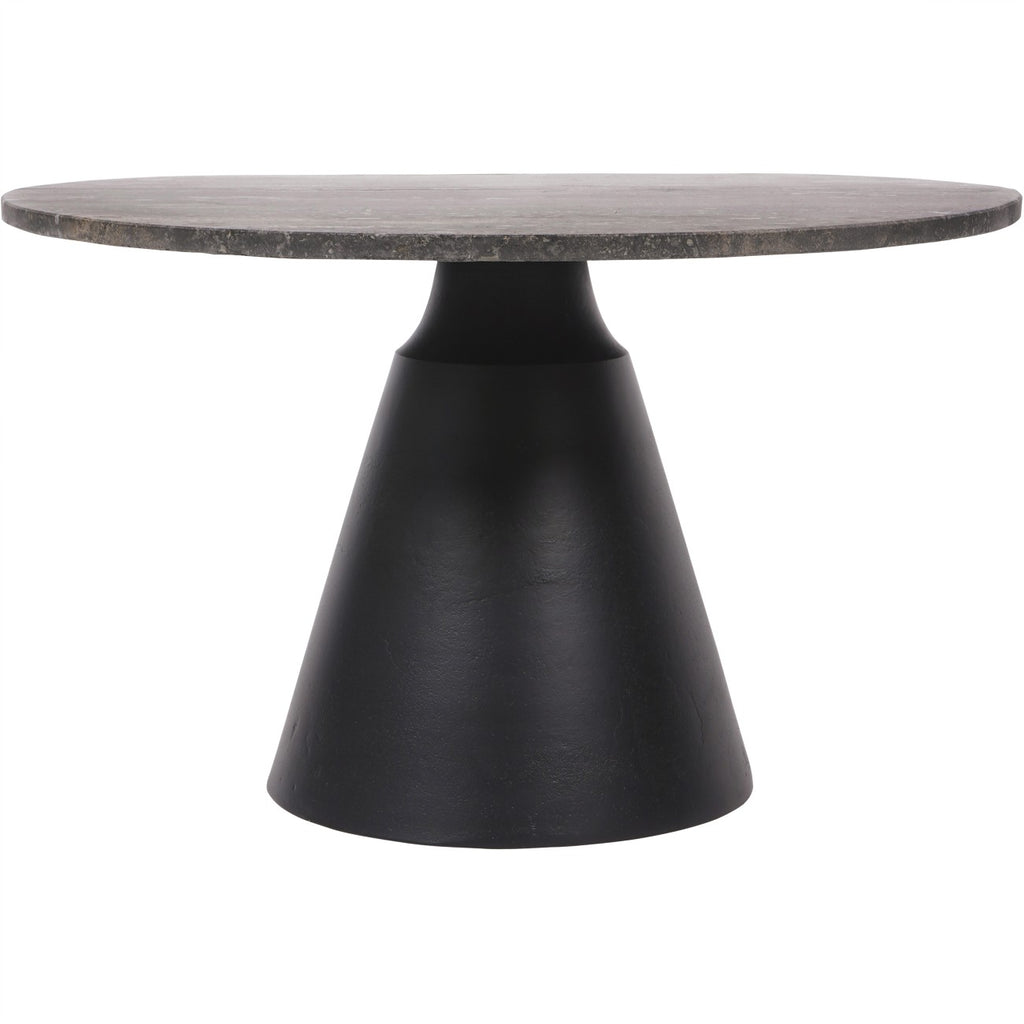 Small Round Dark Travertine Marble Coffee Table with Charcoal Black Cone Base - Home Furniture Interiors