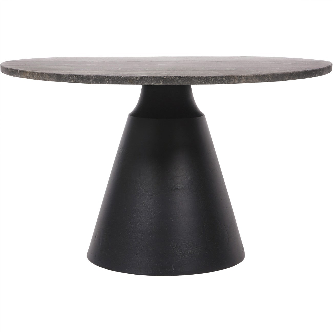 Small Round Dark Travertine Marble Coffee Table with Charcoal Black Cone Base - Home Furniture Interiors