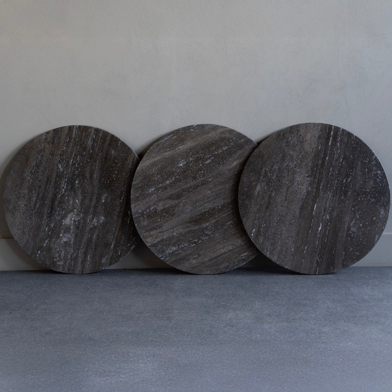 Small Round Dark Travertine Marble Coffee Table with Charcoal Black Cone Base - Home Furniture Interiors