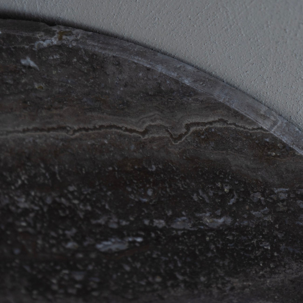 Small Round Dark Travertine Marble Coffee Table with Charcoal Black Cone Base - Home Furniture Interiors