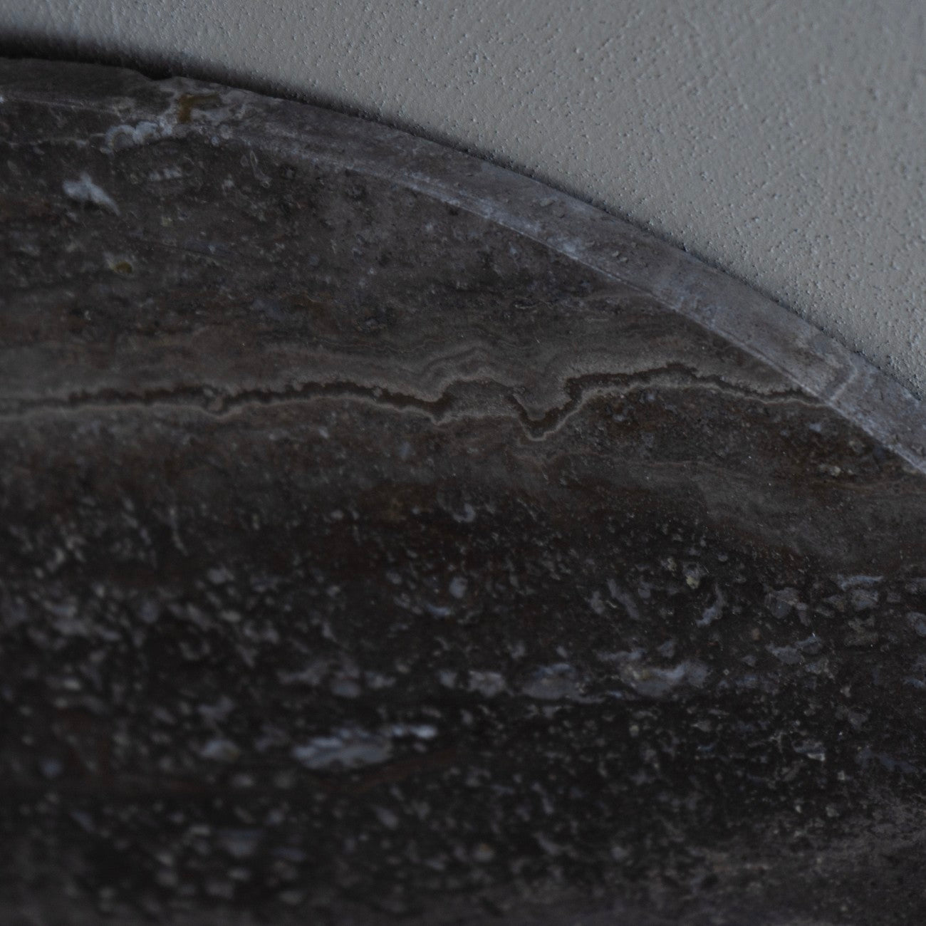 Small Round Dark Travertine Marble Coffee Table with Charcoal Black Cone Base - Home Furniture Interiors