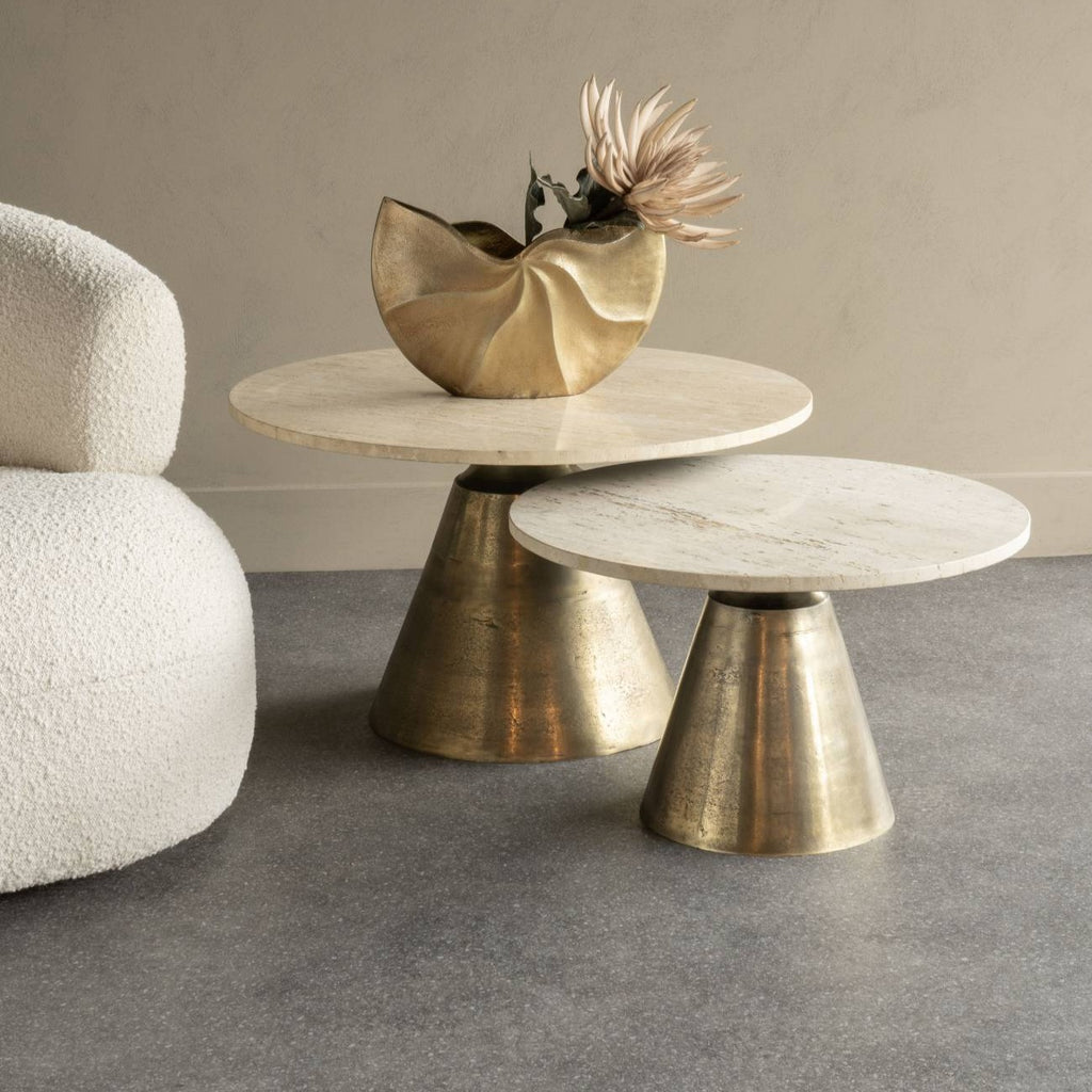 Small Round Marble Effect Coffee Table Brass Cone Base 60cm - Home Furniture Interiors