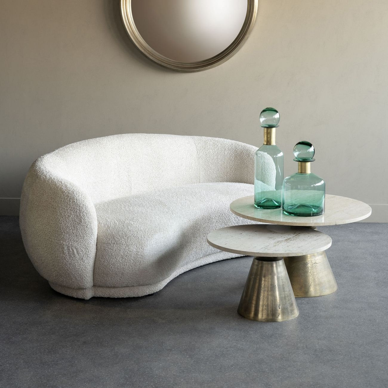 Small Round Marble Effect Coffee Table Brass Cone Base 60cm - Home Furniture Interiors