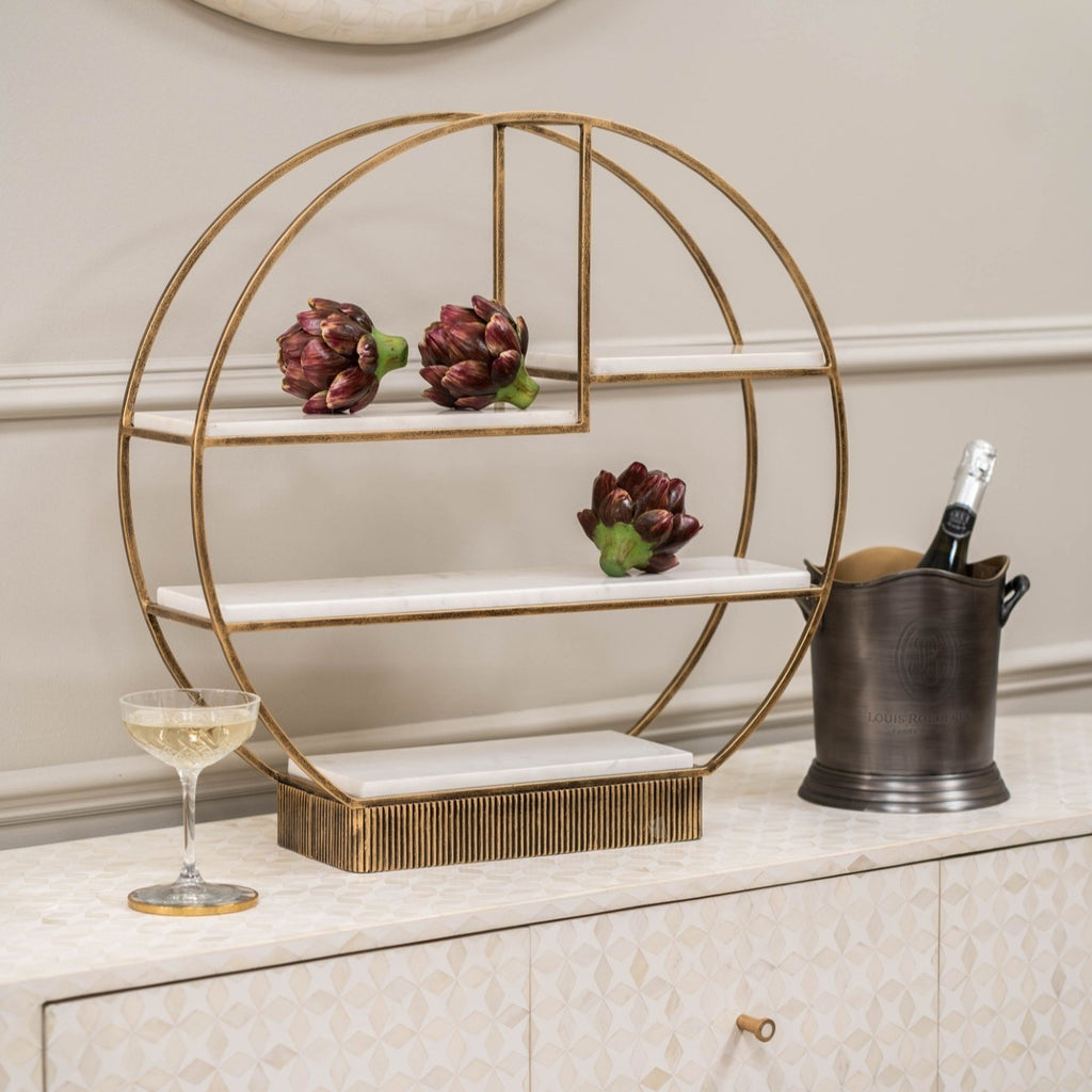 Large Aged Gold Multi Tier Buffet Stand with White Marble Shelves