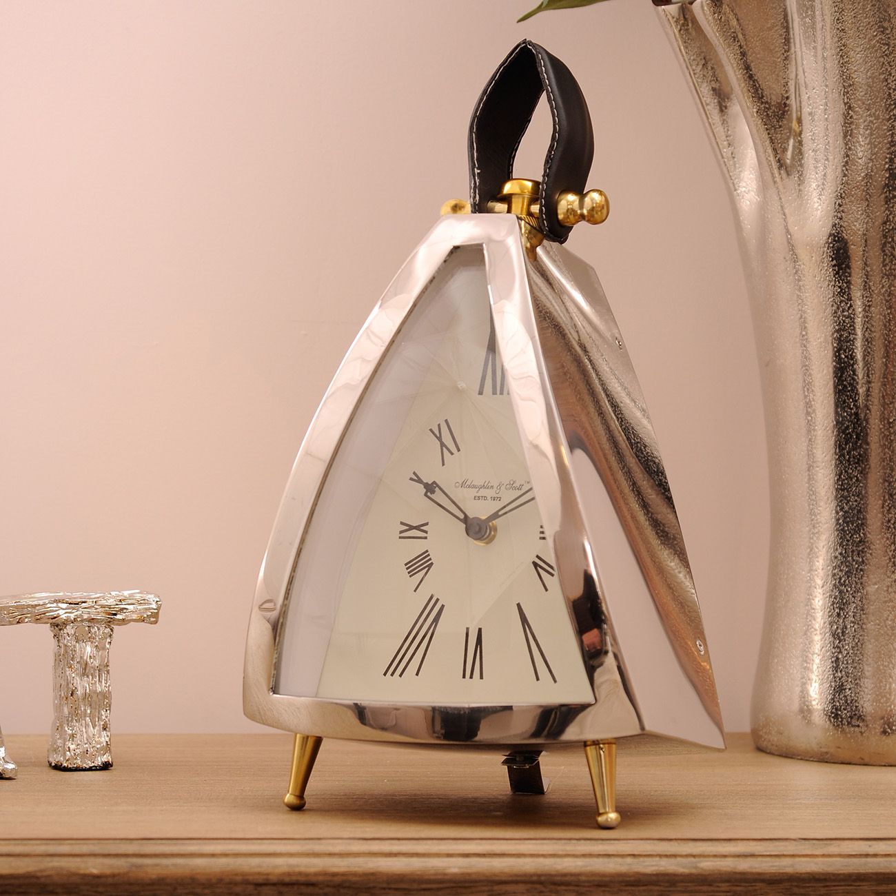 Curved Triangular Mantel Clock with Leather Handle