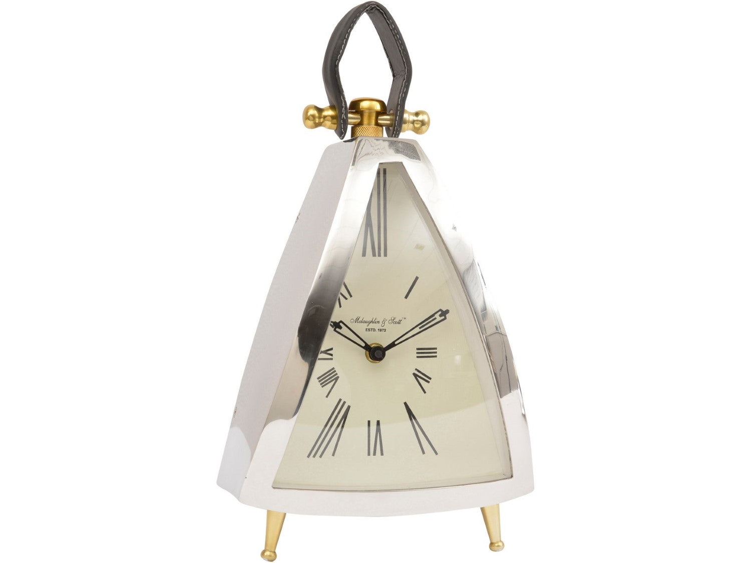 Curved Triangular Mantel Clock with Leather Handle - Home Furniture Interiors