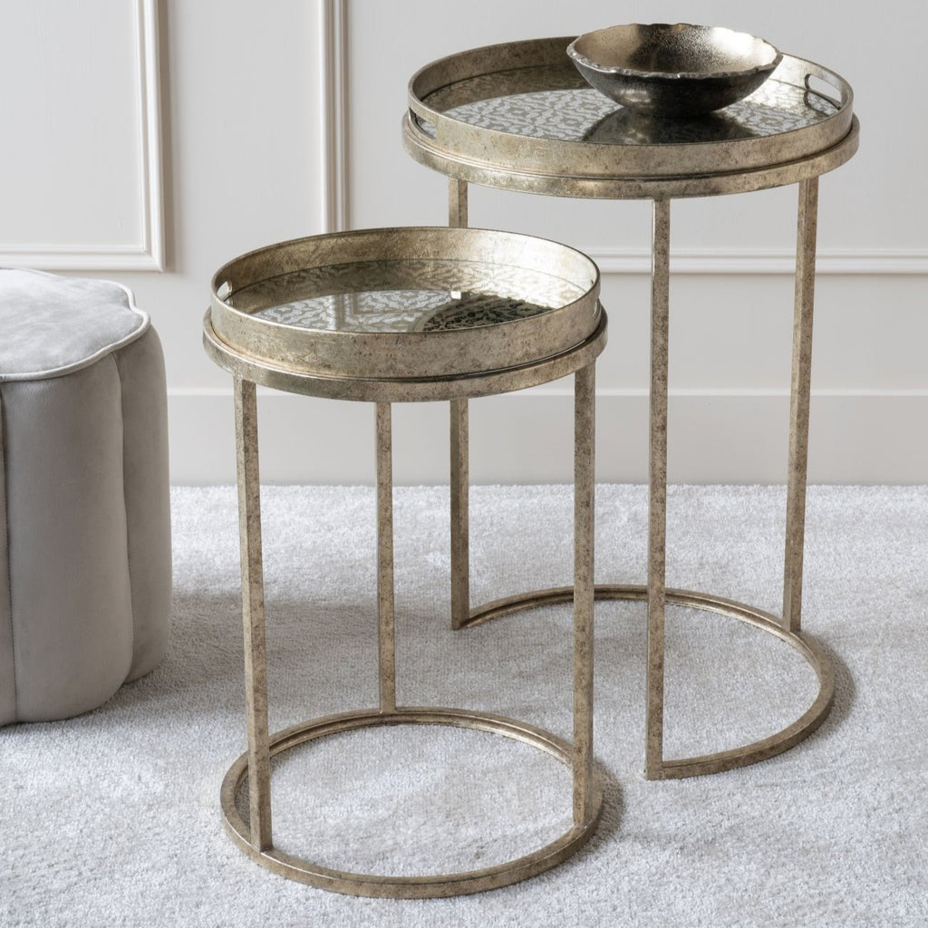 Antique Gold Diamond Patterned Set of 2 Round Side Tray Tables