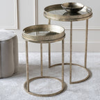 Antique Gold Diamond Patterned Set of 2 Round Side Tray Tables