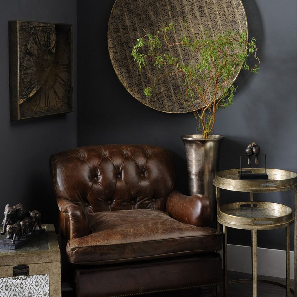 Antique Gold Diamond Patterned Set of 2 Round Side Tray Tables - Home Furniture Interiors