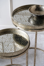 Antique Gold Diamond Patterned Set of 2 Round Side Tray Tables - Home Furniture Interiors