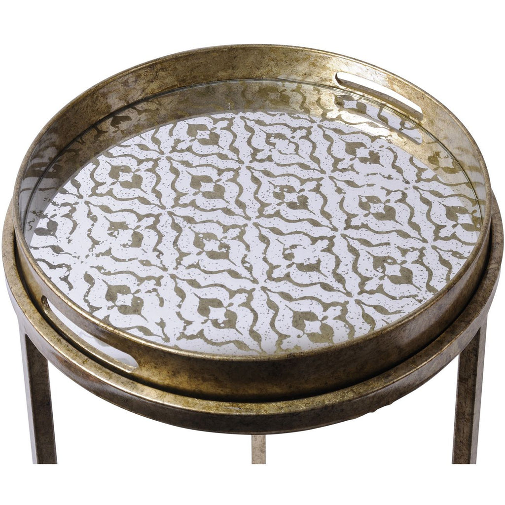 Antique Gold Diamond Patterned Set of 2 Round Side Tray Tables - Home Furniture Interiors